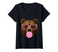Donna Cute Bear Face Mangiare Gomma E Rende Bolla Divertente Orsi Donne Maglietta con Collo a V