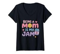 Donna Cute Being a Mom Is My Jam Strawberry Jar Retro Mother’s Day Maglietta con Collo a V
