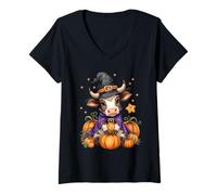 Donna Cute Bull Witch Spooky Pet Halloween Matching Family Farm Maglietta con Collo a V