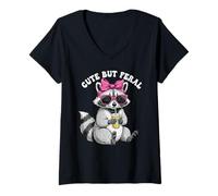 Donna Cute But Feral Funny Cute Racoon With Sunglasses Racoon Maglietta con Collo a V