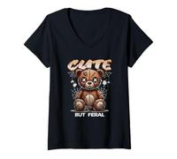 Donna Cute But Feral Teddy Creepy Retro Coquette Boho Halloween Maglietta con Collo a V