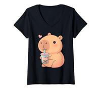 Donna Cute Capybara Bubble Tea Kawaii Anime Capybaras Lover Girls Maglietta con Collo a V