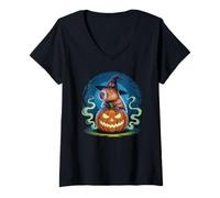 Donna Cute Capybara Halloween Costume Spooky Pumpkin Maglietta con Collo a V