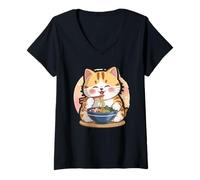 Donna Cute Cat Eating Noodles Kawaii Cartoon Anime Food Lover Maglietta con Collo a V