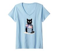 Donna Cute Cat Eyes Kitty Flower Garden Morning Coffee Maglietta con Collo a V