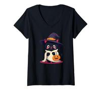 Donna Cute Cat Halloween Pumpkin Spooky Cat Halloween Maglietta con Collo a V