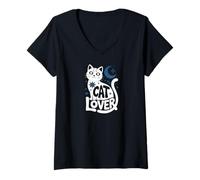 Donna Cute Cat Lover Pet Design Kitty Moon Light Stars Maglietta con Collo a V