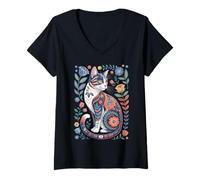Donna Cute Cat Lover Vintage Flowers Art Pattern Aesthetic Maglietta con Collo a V