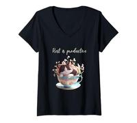 Donna Cute Cat Lovers Rest is Productive Tazza da tè Salute mentale Maglietta con Collo a V