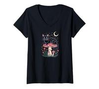 Donna Cute Cat Moon Stars Night Kitty Cat Maglietta con Collo a V