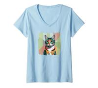 Donna Cute Cat Poster Kitty Cat Pet Maglietta con Collo a V
