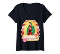 Donna Cute Chibi Cartoon Virgen de Guadalupe Saint Virgin Mary Maglietta con Collo a V