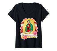 Donna Cute Chibi Cartoon Virgen de Guadalupe Saint Virgin Mary Maglietta con Collo a V
