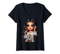 Donna Cute Chibi Mexican Baby Girl Chicana Madre de Guadalupe Maglietta con Collo a V