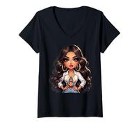 Donna Cute Chibi Mexican Baby Girl Chicana Patrona de los Mexicano Maglietta con Collo a V