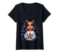 Donna Cute Chibi Mexican Baby Girl Chicana Señora de Guadalupe Maglietta con Collo a V