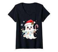 Donna Cute Christmas Ghost Kawaii Santa Candy Cane Funny Xmas Maglietta con Collo a V