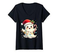 Donna Cute Christmas Ghost Kawaii Santa Candy Cane Funny Xmas Maglietta con Collo a V