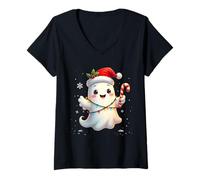 Donna Cute Christmas Ghost Kawaii Santa Candy Cane Funny Xmas Maglietta con Collo a V