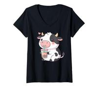 Donna Cute Cow Bubble Tea Kawaii Anime Cows Lover Girls Maglietta con Collo a V