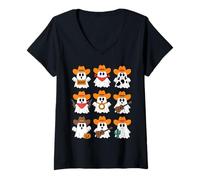 Donna Cute Cowboy Ghosts Halloween Western Spooky Graphic Maglietta con Collo a V