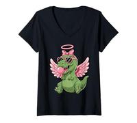 Donna Cute Dinosaur Angel Valentine's Day Gum Love Maglietta con Collo a V