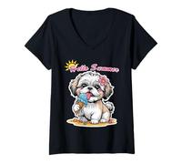Donna Cute Dog Eating Ice Cream Summer Happy Puppy Hello Summer Maglietta con Collo a V