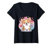 Donna Cute Dog Valentines Corgi Maglietta con Collo a V