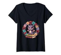 Donna Cute Dragon Books Cottagecore Flower Bookworm Lover Maglietta con Collo a V
