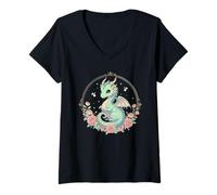 Donna Cute Dragon Books Cottagecore Flower Bookworm Lover Maglietta con Collo a V