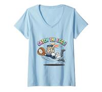 Donna Cute Easter Bunny Diving Catch The Eggs Baseball Bunny Bambini Maglietta con Collo a V