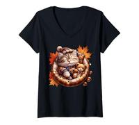 Donna Cute Fall Cat Graphic for Cat Grandma And Autumn Kitten Mom Maglietta con Collo a V
