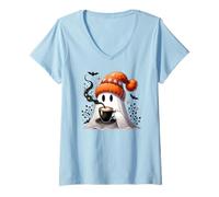 Donna Cute Fall Ghost Coffee Mug Halloween Ghost Drinking Coffee Maglietta con Collo a V