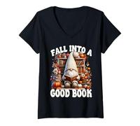 Donna Cute Fall Into A Good Book Lover GNOME Graphic for Bookworm Maglietta con Collo a V