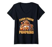 Donna Cute Fall Season GNOME Graphic for Autumn Farm Fresh Pumpkin Maglietta con Collo a V