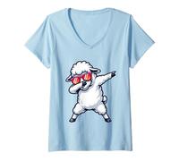 Donna Cute Fluffy White Sheep Dabbing con Occhiali da Sole Maglietta con Collo a V