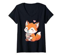 Donna Cute Fox Bubble Tea Kawaii Anime Volpi Amanti Ragazze Maglietta con Collo a V