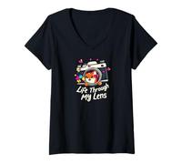Donna Cute Fox Camera Lens Photography - Life Through My Lens Maglietta con Collo a V