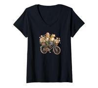 Donna Cute Frog and Toad Riding Bike Cottagecore Esthetic Maglietta con Collo a V