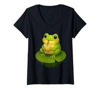 Donna Cute Frog Bere Bubble Tea Opere d'Arte Maglietta con Collo a V