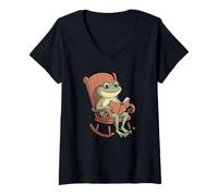 Donna Cute Frog Reading Book Cartoon for Book And Frogs Lovers Maglietta con Collo a V