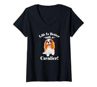 Donna Cute Funny Life Is Better Cavalier Spaniel Dog Lover Maglietta con Collo a V