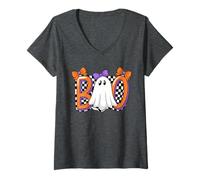 Donna Cute Ghost Boo Halloween Girl - Retro Scacchi Spettrale Donne Maglietta con Collo a V