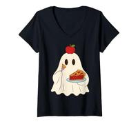 Donna Cute Ghost Eating Pie Halloween Fall Autumn Apple Lover Maglietta con Collo a V