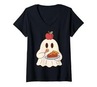 Donna Cute Ghost Eating Pie Halloween Fall Autumn Apple Lover Maglietta con Collo a V