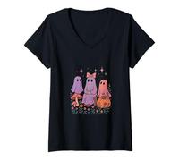 Donna Cute Ghost Friends Camicia Pastello Spooky Halloween Funghi Maglietta con Collo a V