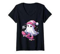 Donna Cute Ghost Hey Boo! Christmas Lights Skateboard Ghost Kid Maglietta con Collo a V