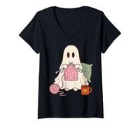 Donna Cute Ghost Knitting Lover Cozy Yarn Craft Humor Maglietta con Collo a V