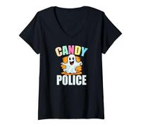 Donna Cute Ghost Police Security Candy Halloween Maglietta con Collo a V