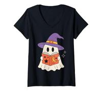 Donna Cute Ghost Reading Book Halloween Witch Hat Bookworm Maglietta con Collo a V